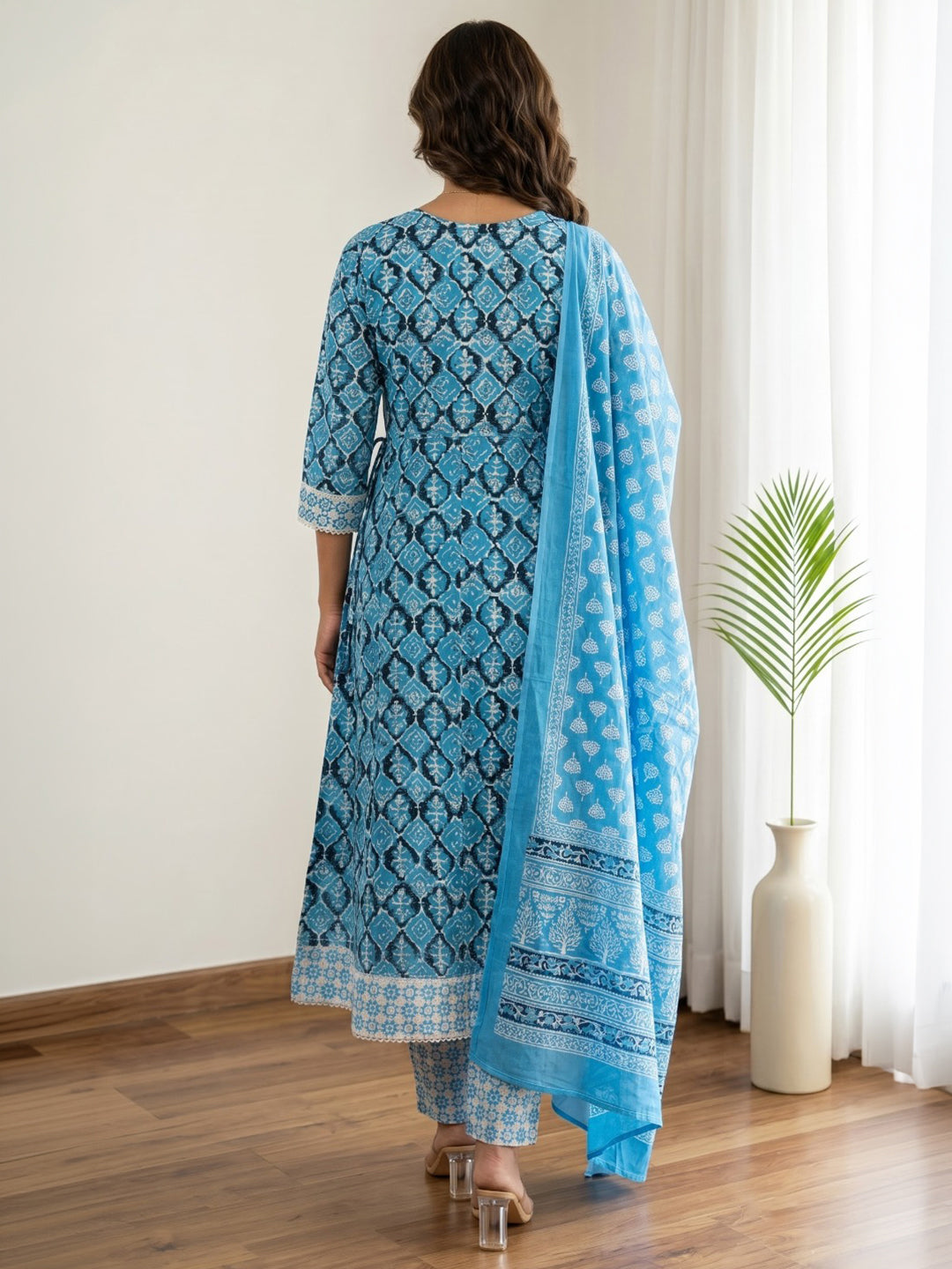 Blue Printed Cotton Blend Kurta With Pant &amp; Dupatta