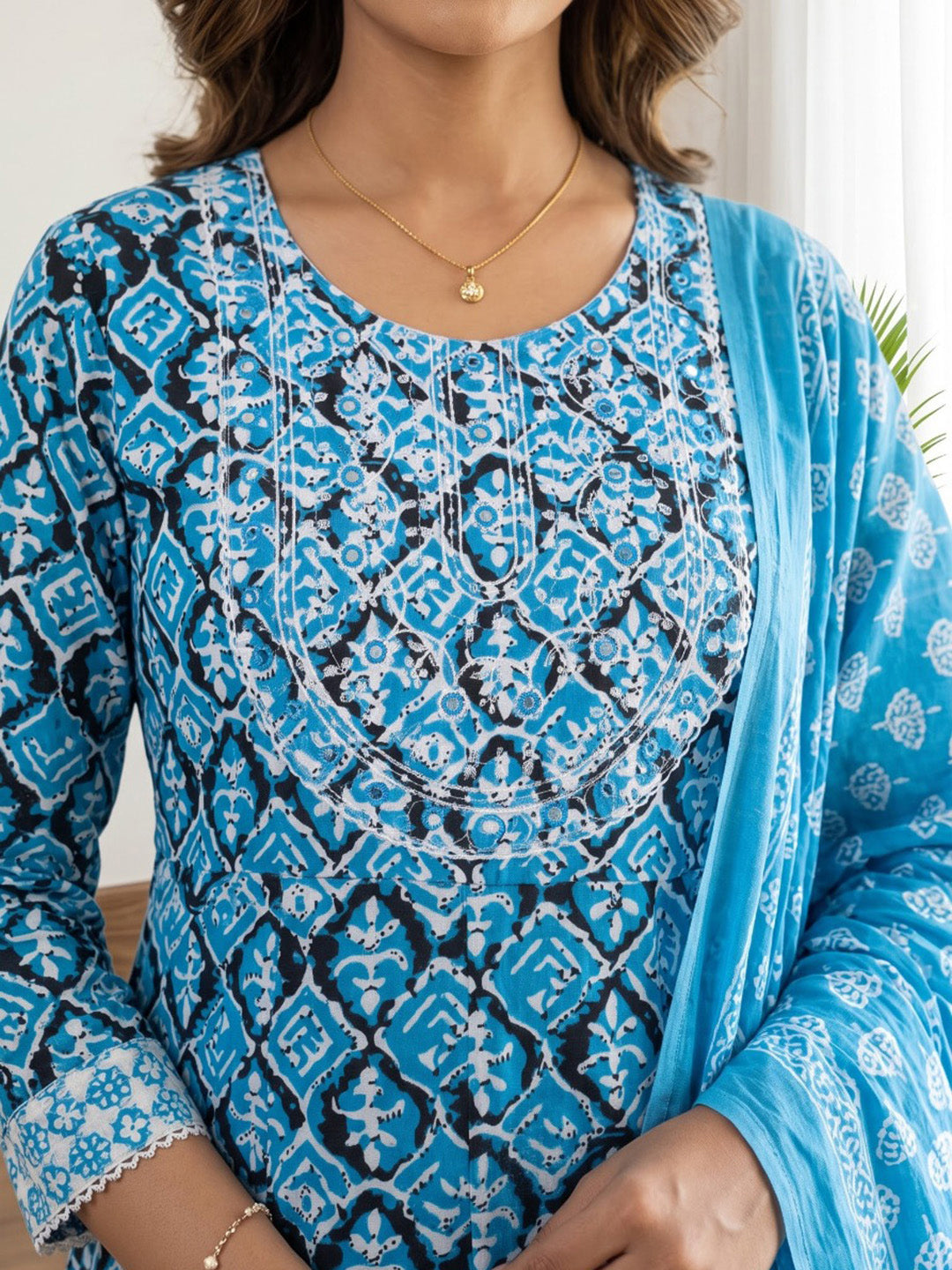 Blue Printed Cotton Blend Kurta With Pant &amp; Dupatta