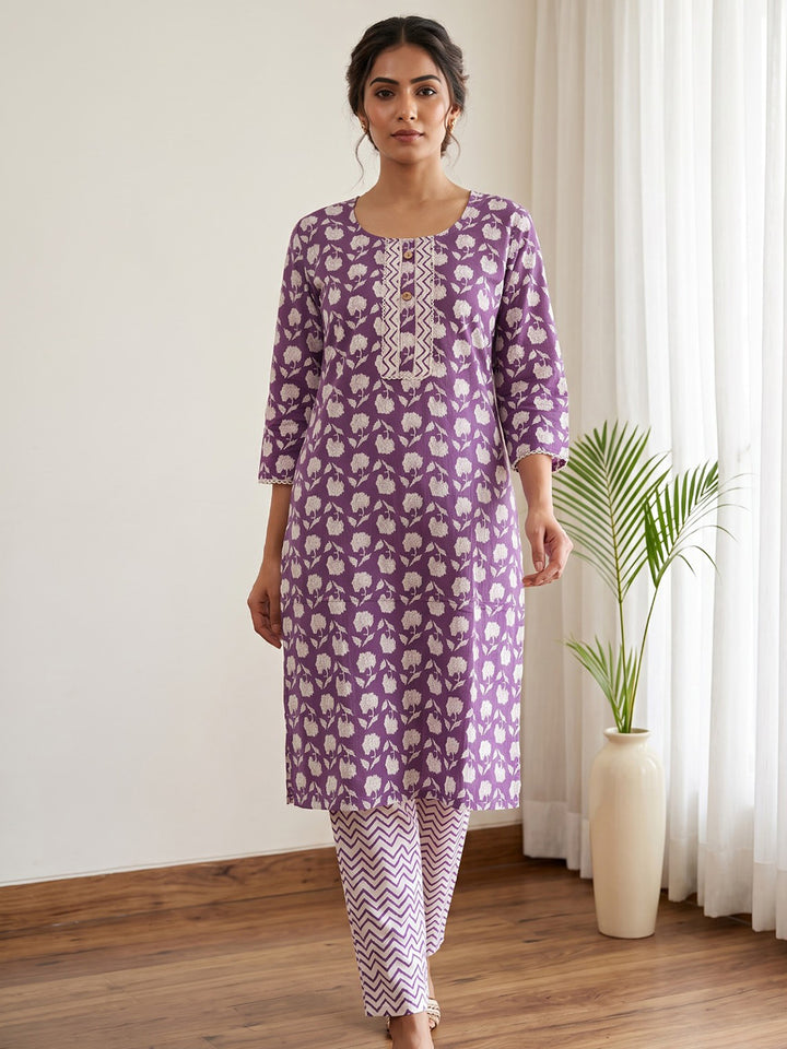 Wine Printed Cotton Blend Kurta Set