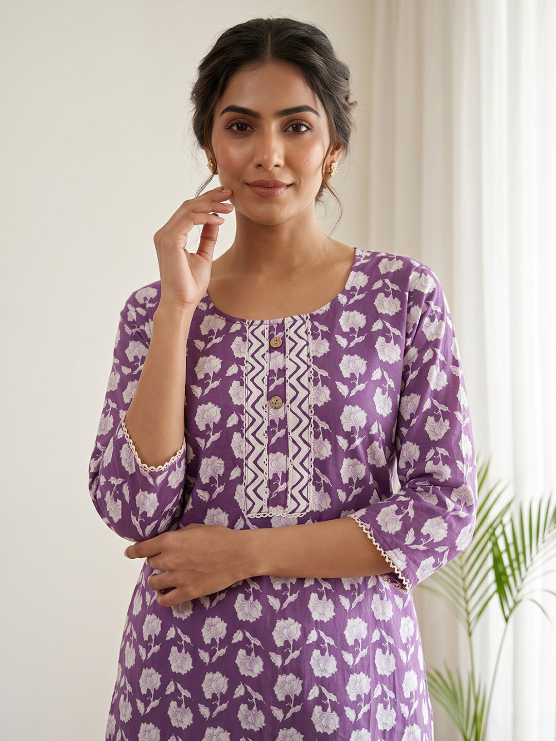 Wine Printed Cotton Blend Kurta Set