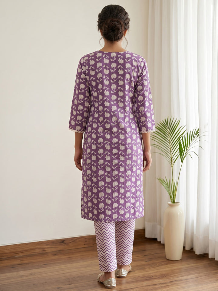 Wine Printed Cotton Blend Kurta Set