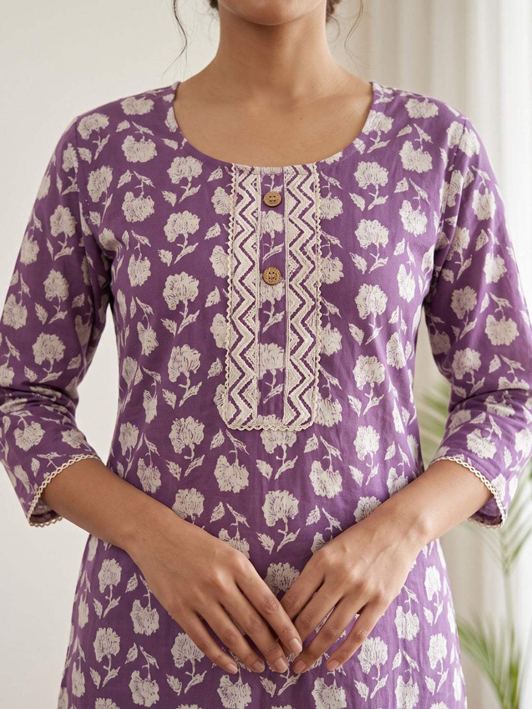 Wine Printed Cotton Blend Kurta Set