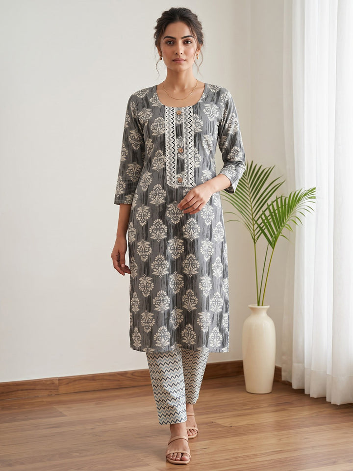Grey Printed Cotton Blend Kurta Set