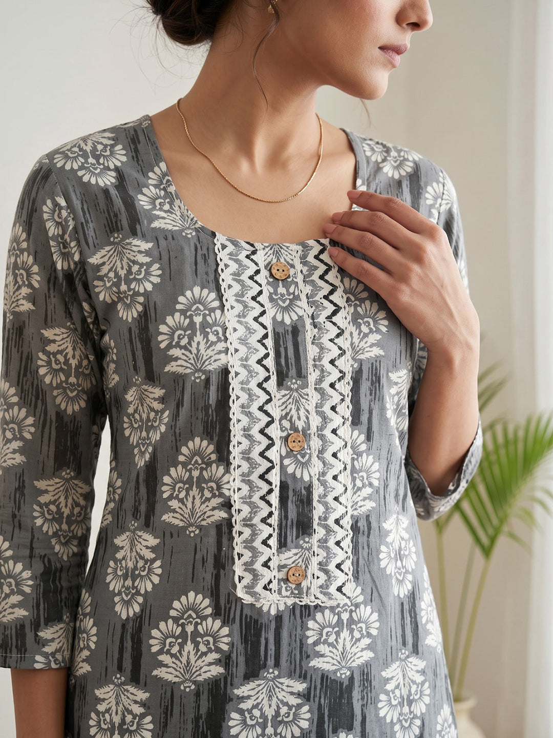Grey Printed Cotton Blend Kurta Set