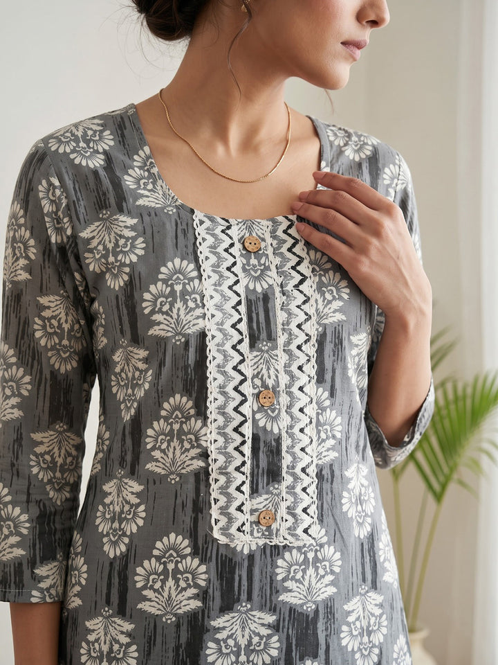 Grey Printed Cotton Blend Kurta Set