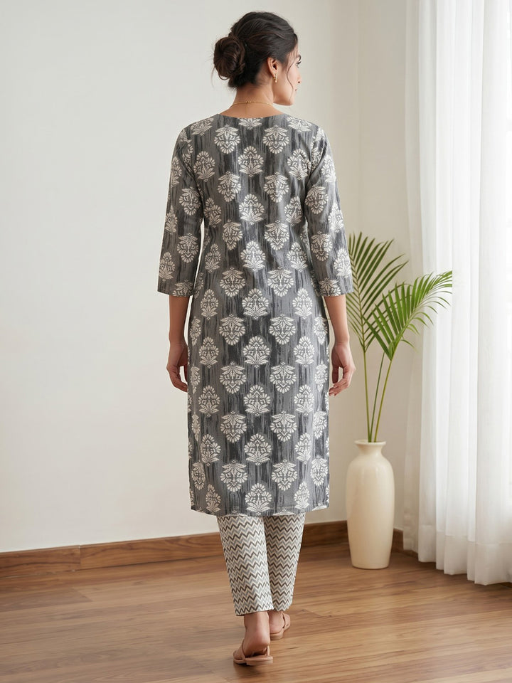 Grey Printed Cotton Blend Kurta Set