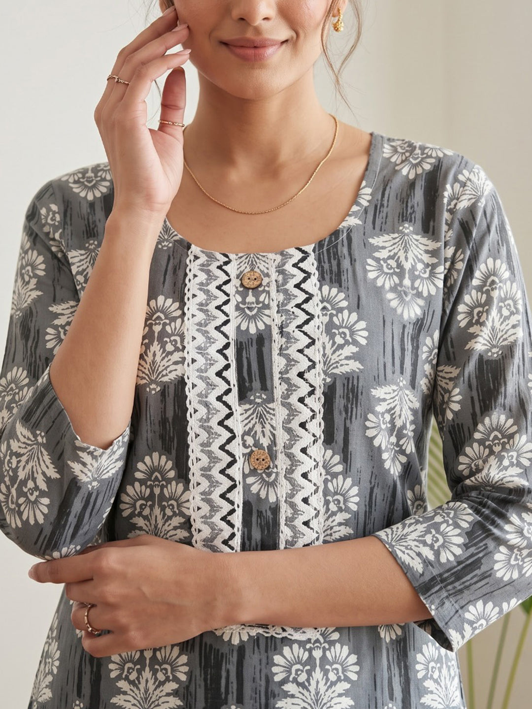 Grey Printed Cotton Blend Kurta Set