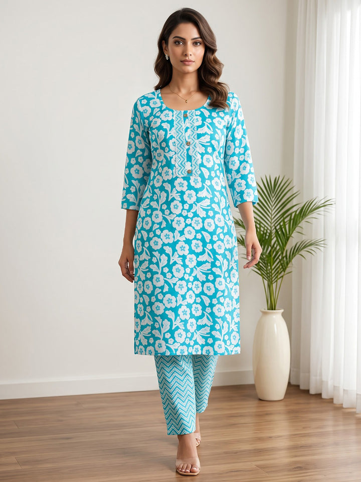 Sky Blue Printed Cotton Blend Kurta Set
