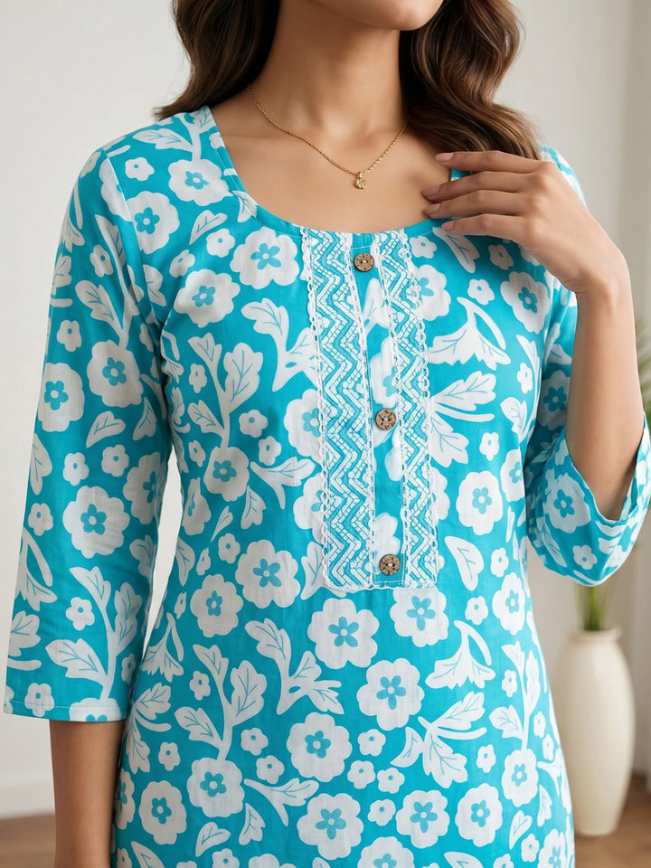 Sky Blue Printed Cotton Blend Kurta Set