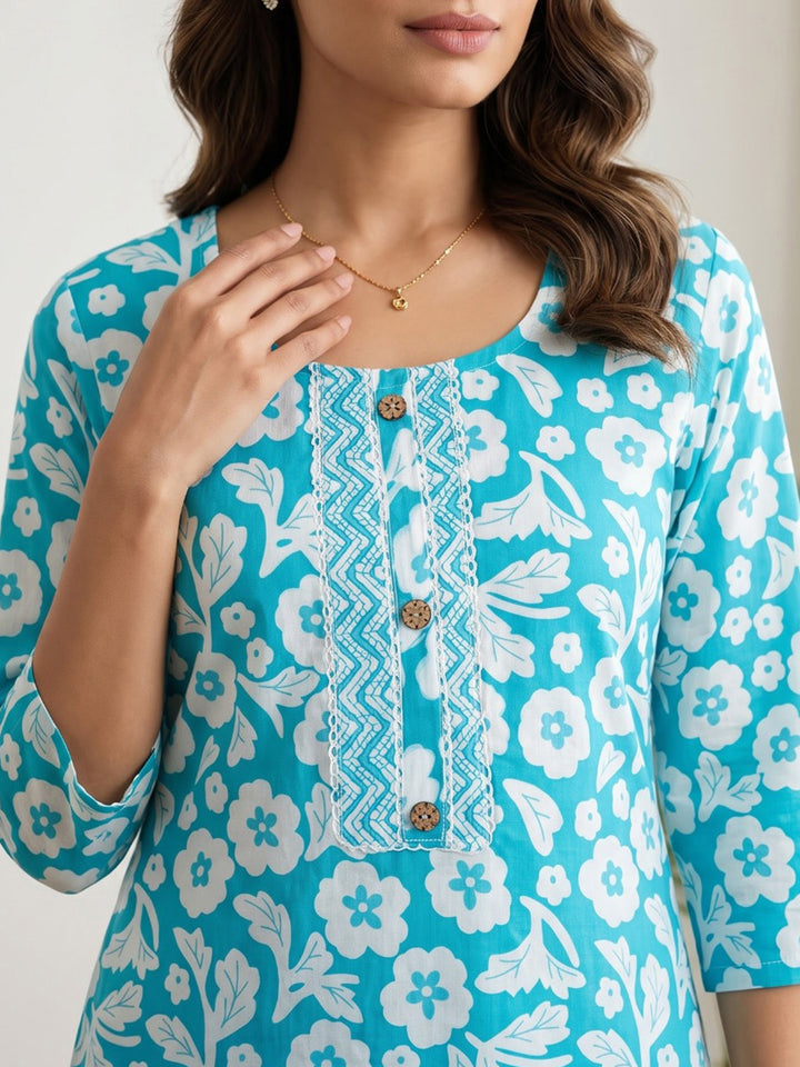 Sky Blue Printed Cotton Blend Kurta Set