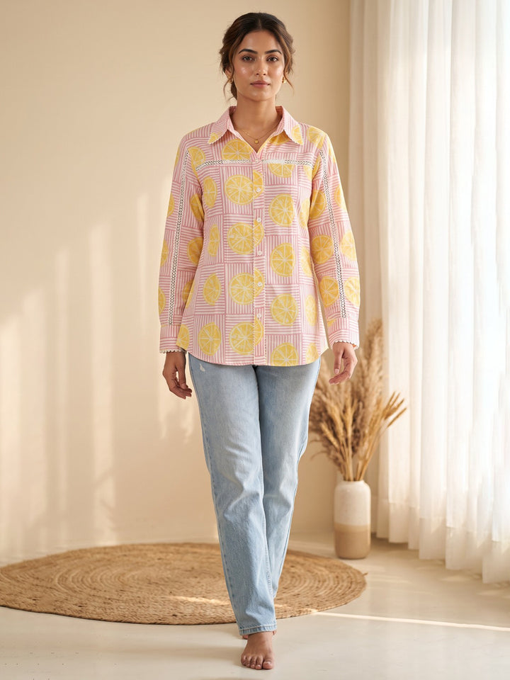 Pink Cotton Blend V Neck Printed Kurta