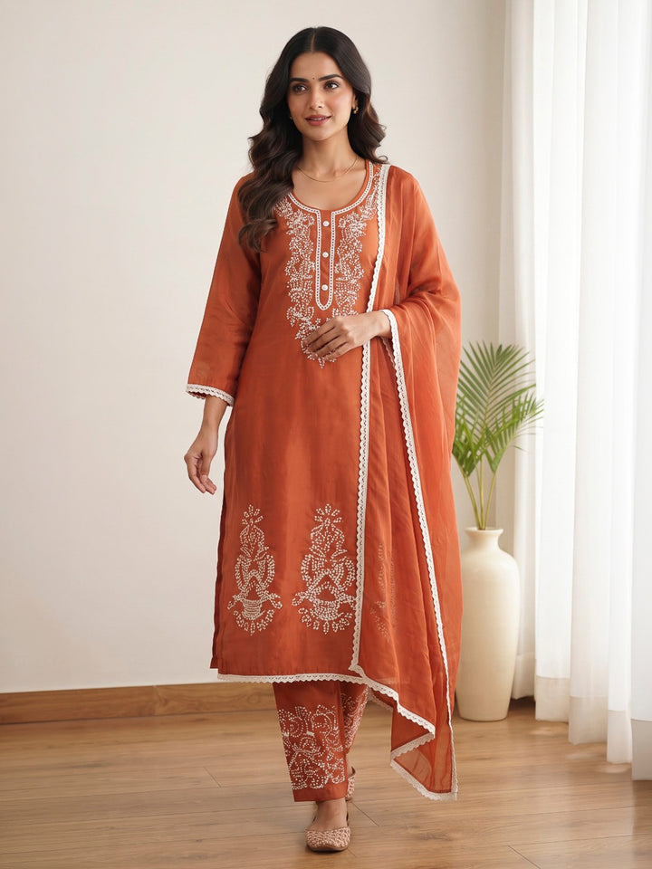 Orange Embroidered Dola Silk Kurta With Pant &amp; Dupatta