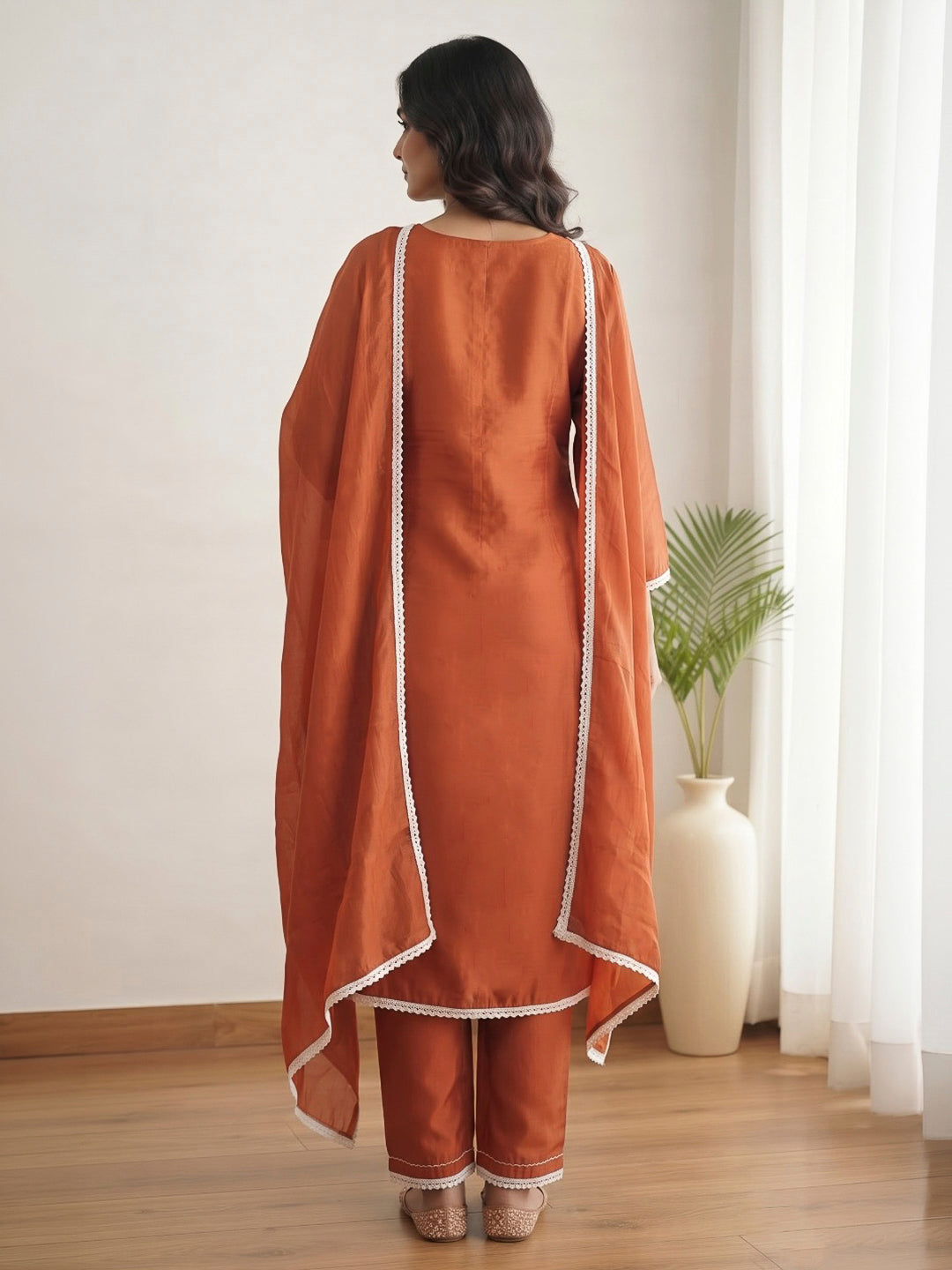 Orange Embroidered Dola Silk Kurta With Pant &amp; Dupatta