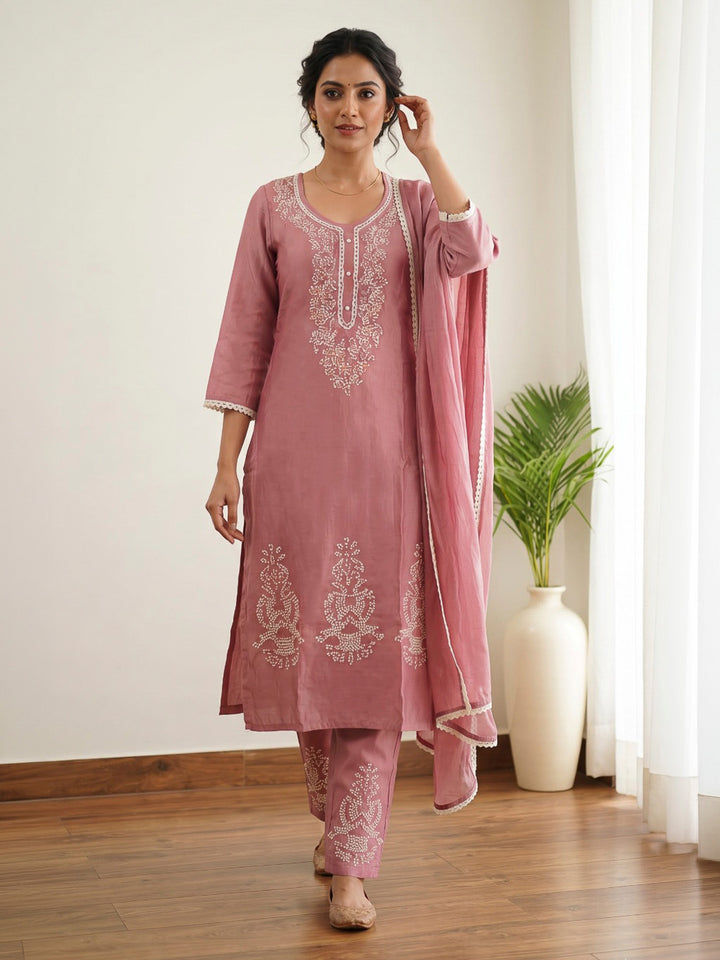 Pink Embroidered Dola Silk Kurta With Pant &amp; Dupatta