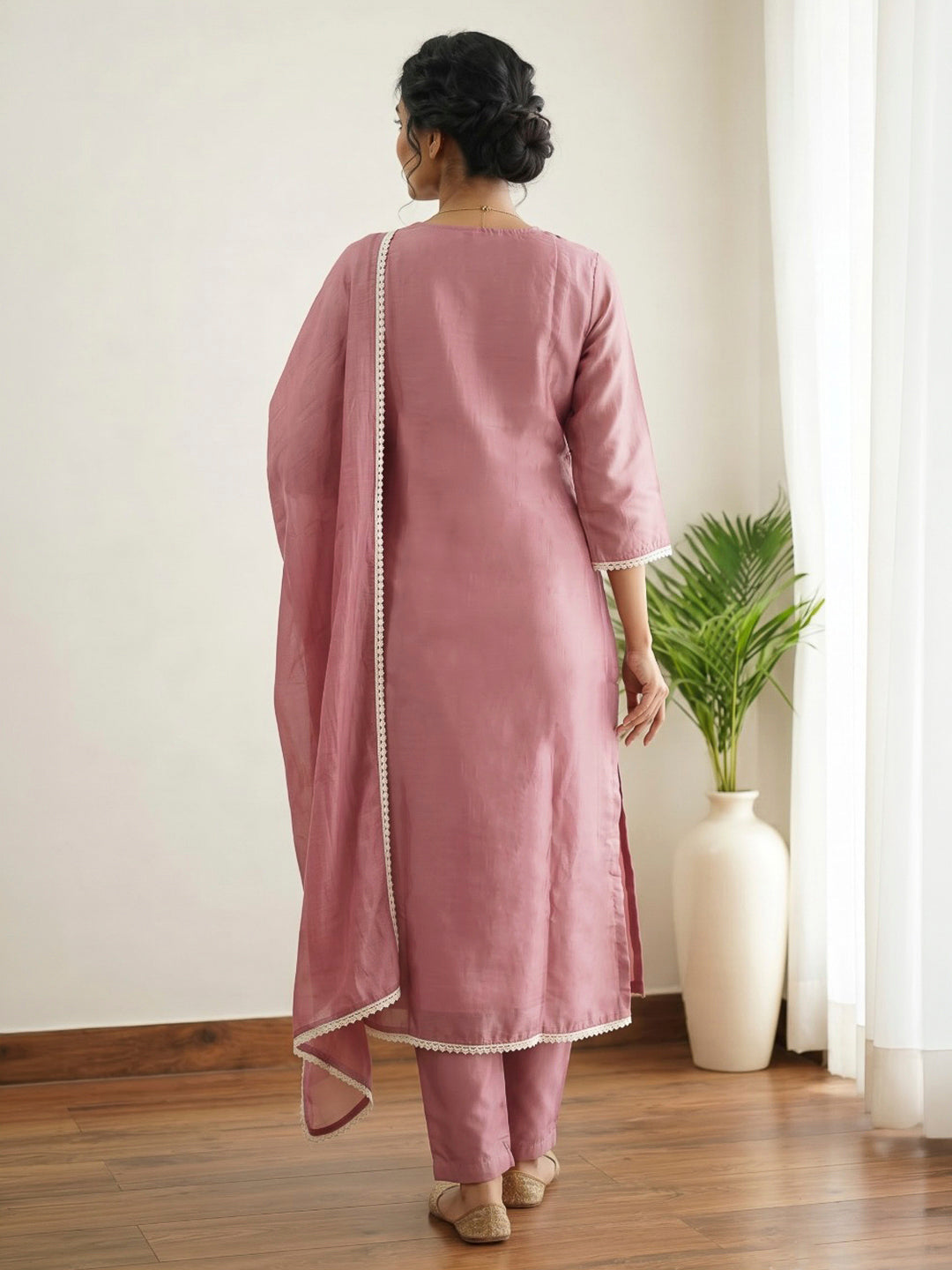Pink Embroidered Dola Silk Kurta With Pant &amp; Dupatta
