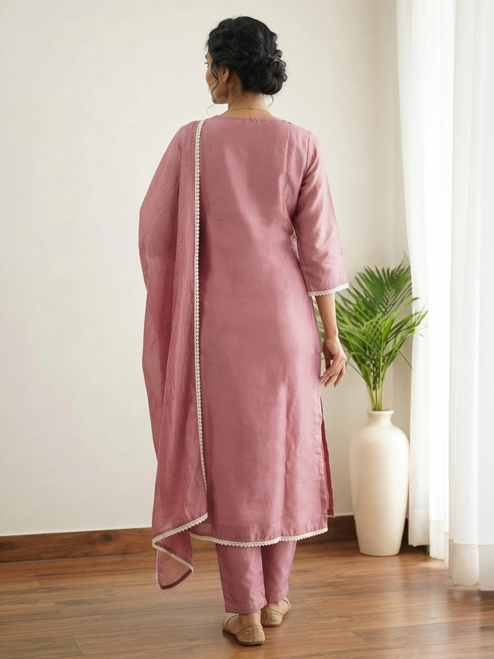 Pink Embroidered Dola Silk Kurta With Pant &amp; Dupatta