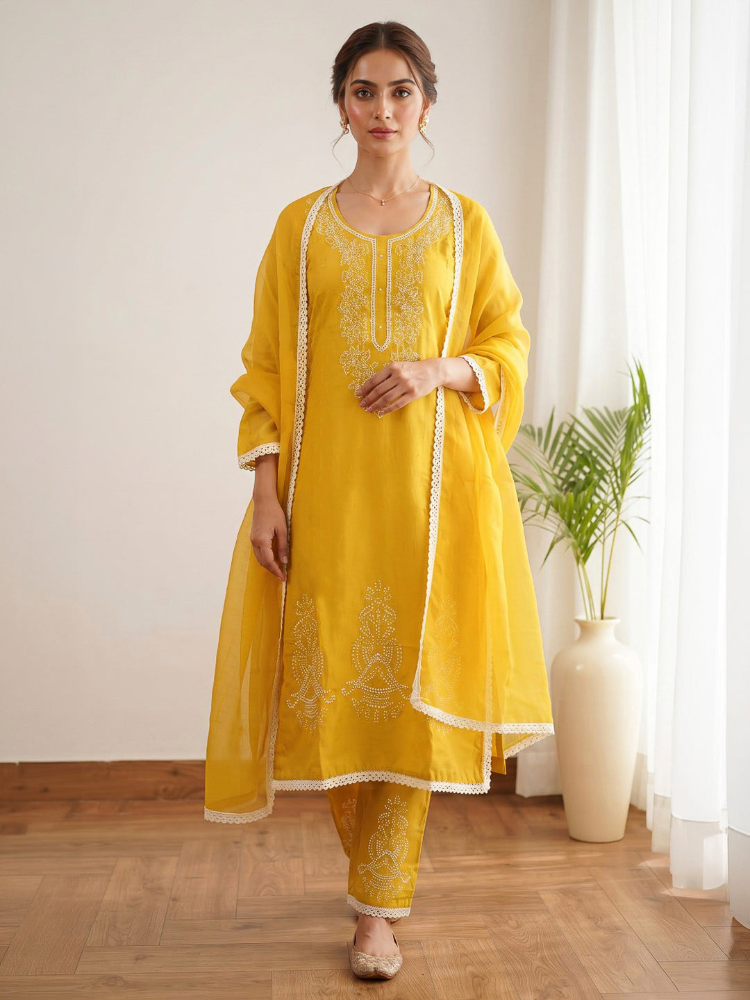 Yellow Embroidered Dola Silk Kurta With Pant &amp; Dupatta