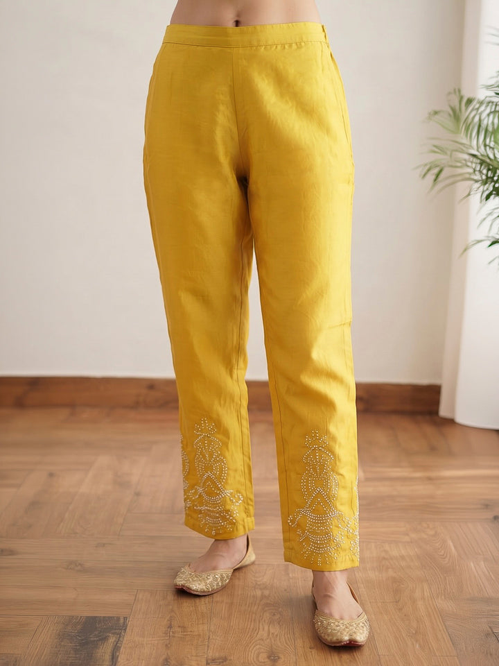 Yellow Embroidered Dola Silk Kurta With Pant &amp; Dupatta