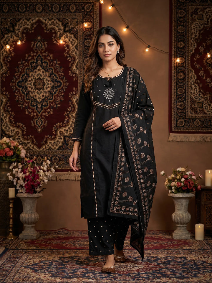 Black Embroidered Cotton Blend Round Neck Suit Set
