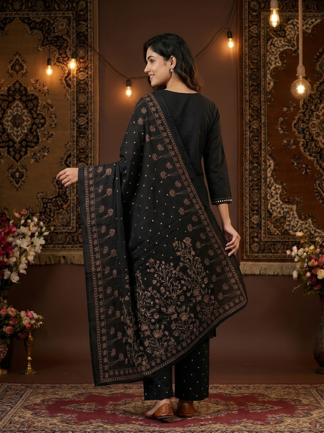 Black Embroidered Cotton Blend Round Neck Suit Set