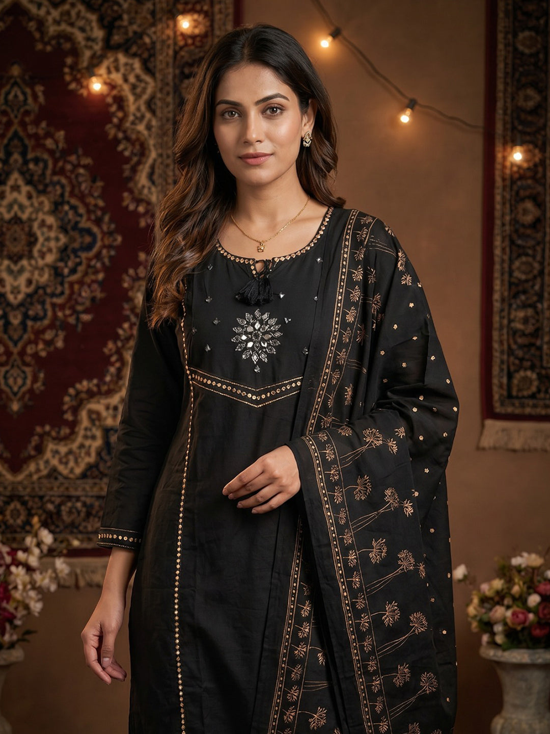 Black Embroidered Cotton Blend Round Neck Suit Set