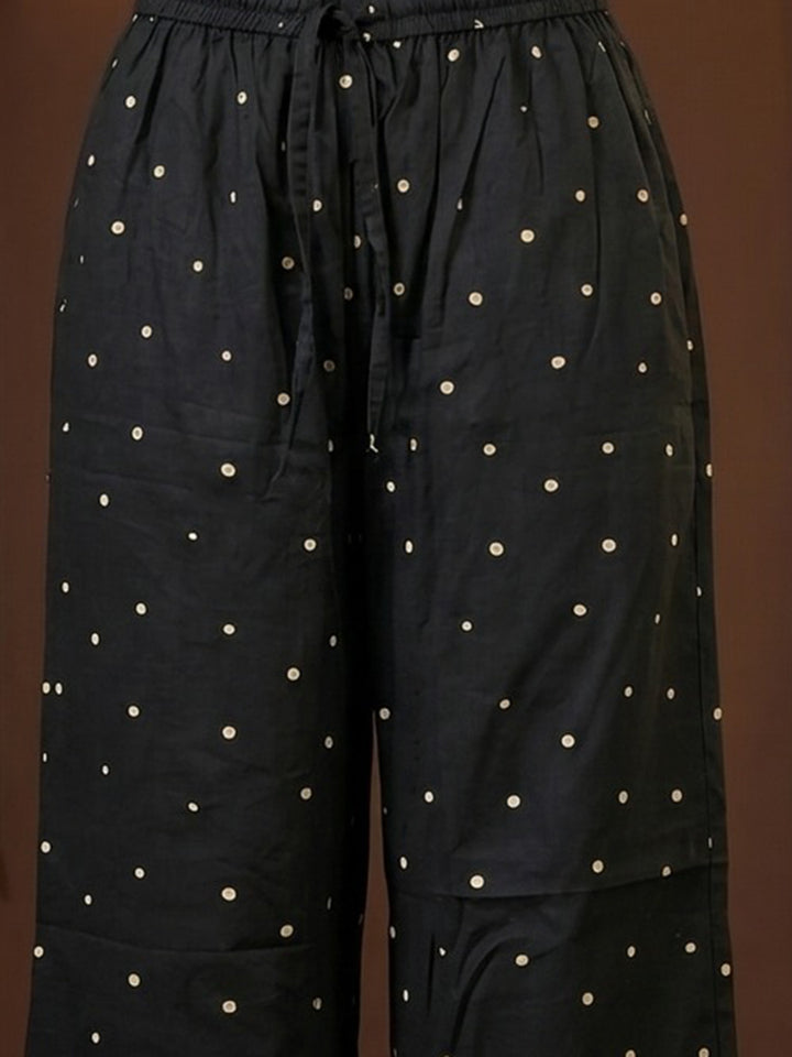 Black Embroidered Cotton Blend Round Neck Suit Set