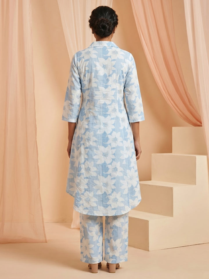 Blue Printed Cotton Blend Round Neck Straight Kurta With Pant