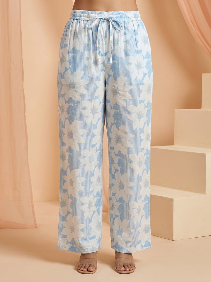 Blue Printed Cotton Blend Round Neck Straight Kurta With Pant