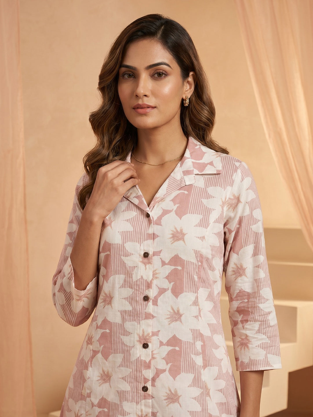 Pink Printed Cotton Blend Round Neck Straight Kurta With Pant