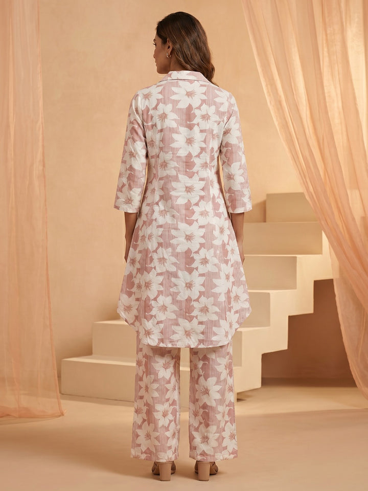 Pink Printed Cotton Blend Round Neck Straight Kurta With Pant