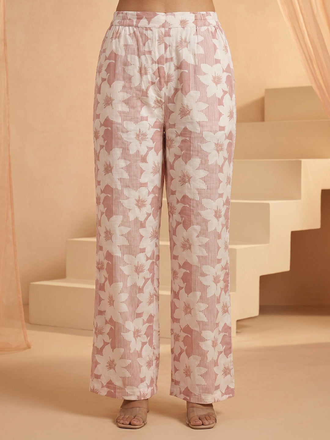 Pink Printed Cotton Blend Round Neck Straight Kurta With Pant