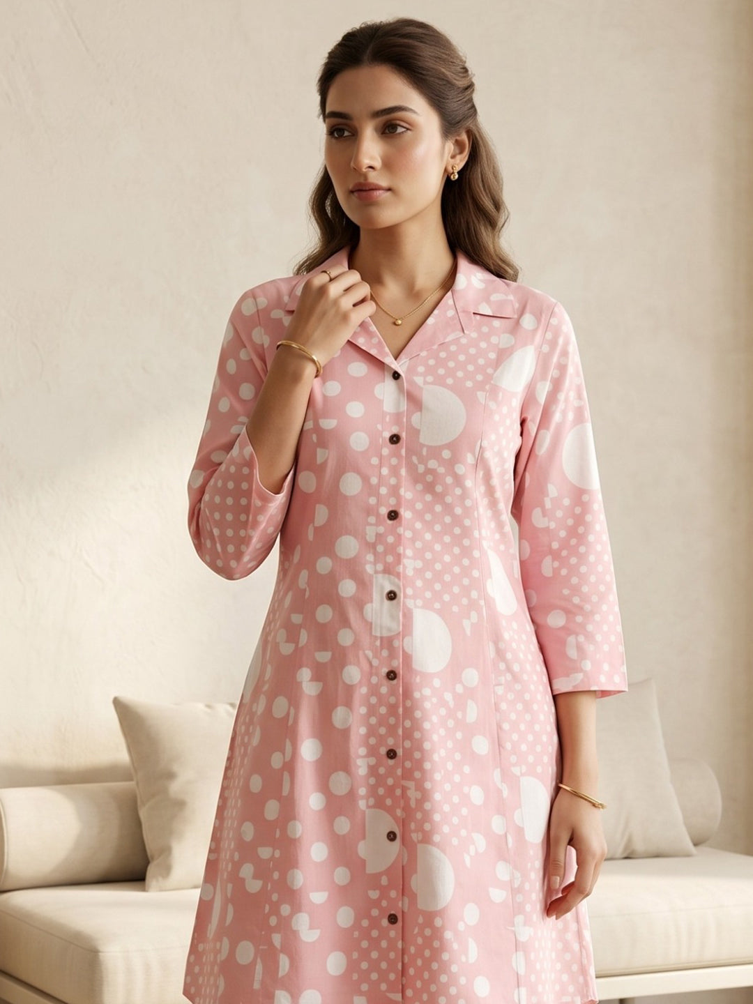 Peach Embroidered Cotton Blend Round Neck Straight Kurta With Pant