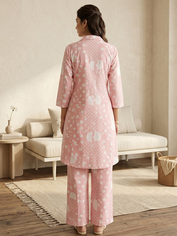 Peach Embroidered Cotton Blend Round Neck Straight Kurta With Pant