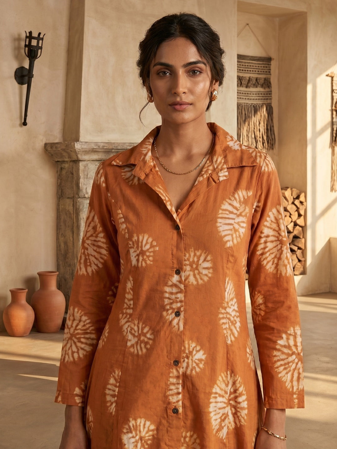 Orange Embroidered Cotton Blend Round Neck Straight Kurta With Pant