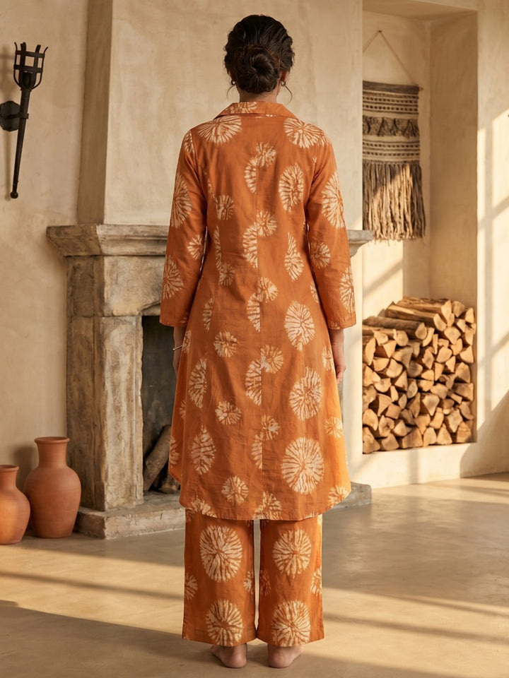 Orange Embroidered Cotton Blend Round Neck Straight Kurta With Pant