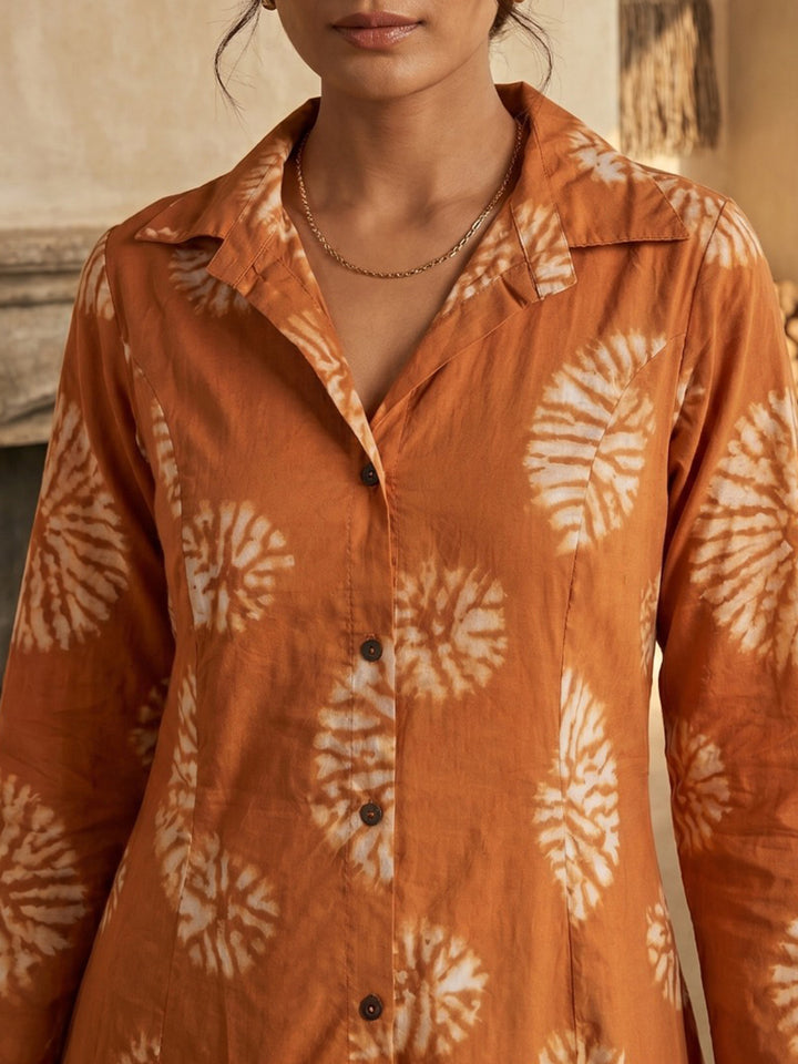 Orange Embroidered Cotton Blend Round Neck Straight Kurta With Pant