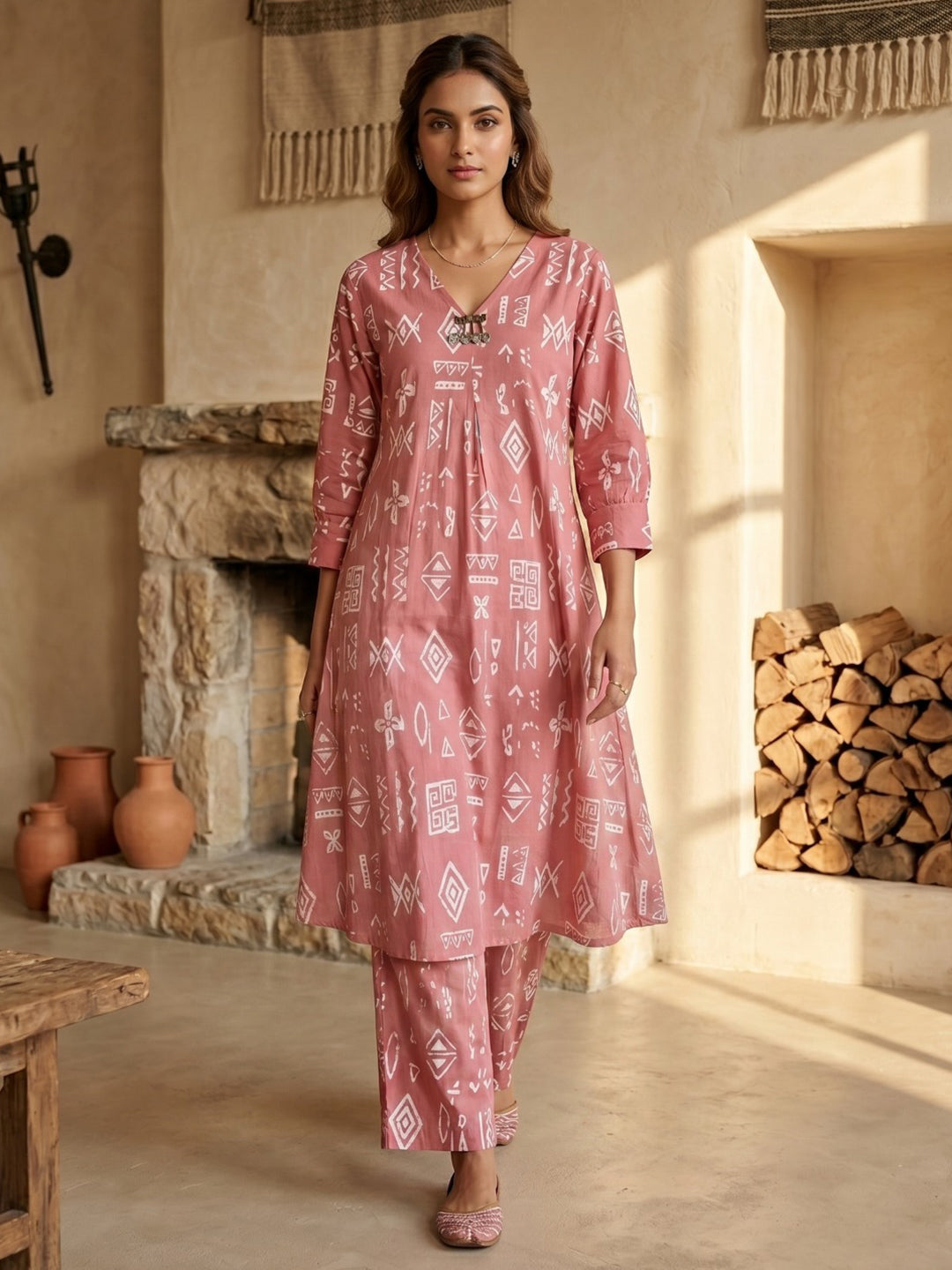Pink Embroidered Cotton Blend Round Neck Straight Kurta With Pant