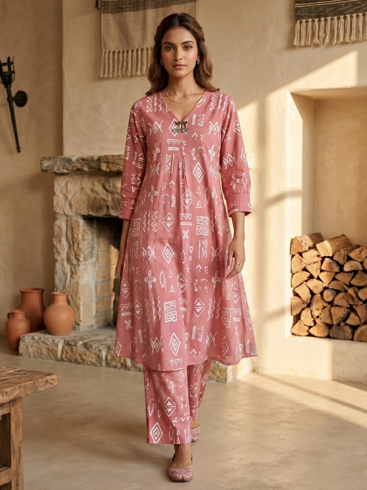 Pink Embroidered Cotton Blend Round Neck Straight Kurta With Pant