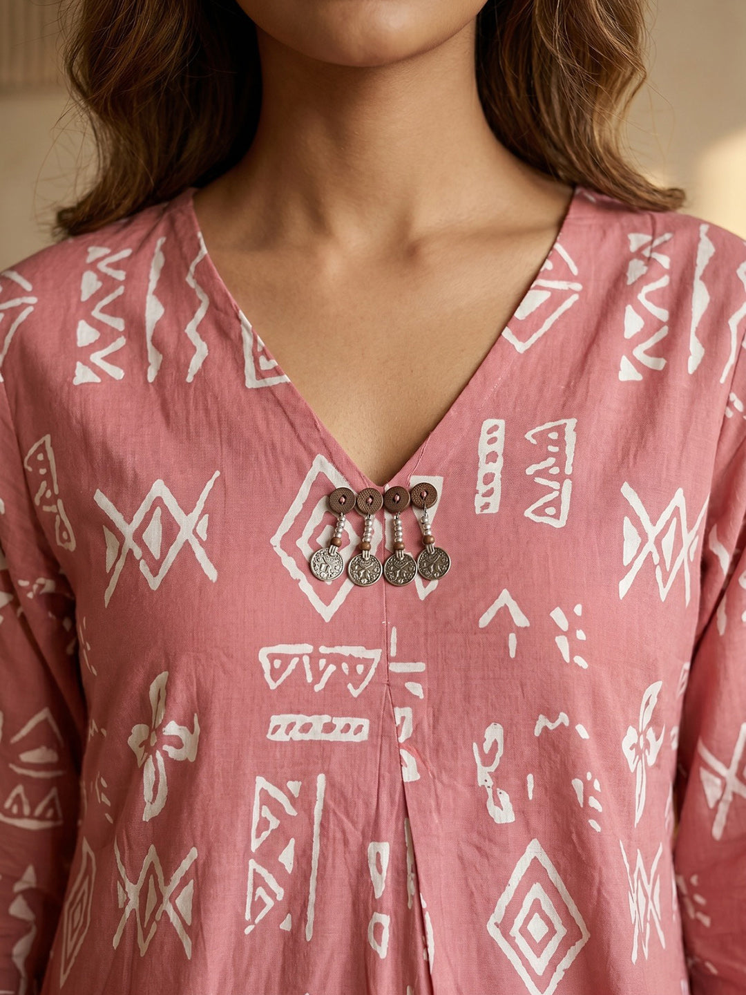 Pink Embroidered Cotton Blend Round Neck Straight Kurta With Pant
