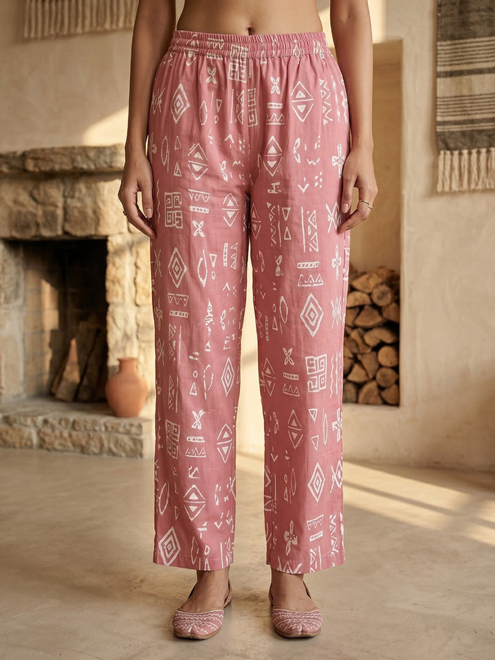 Pink Embroidered Cotton Blend Round Neck Straight Kurta With Pant