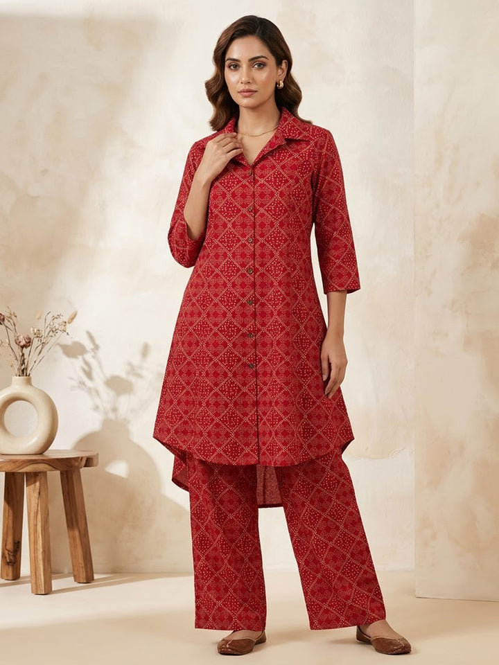 Red Embroidered Cotton Blend Kurta Set