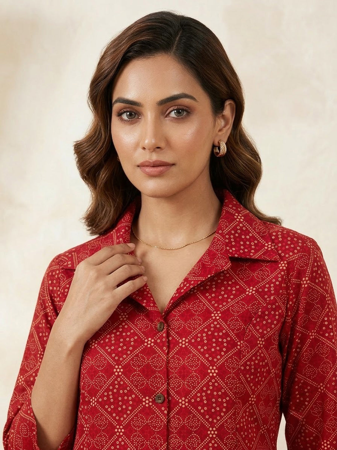 Red Embroidered Cotton Blend Kurta Set