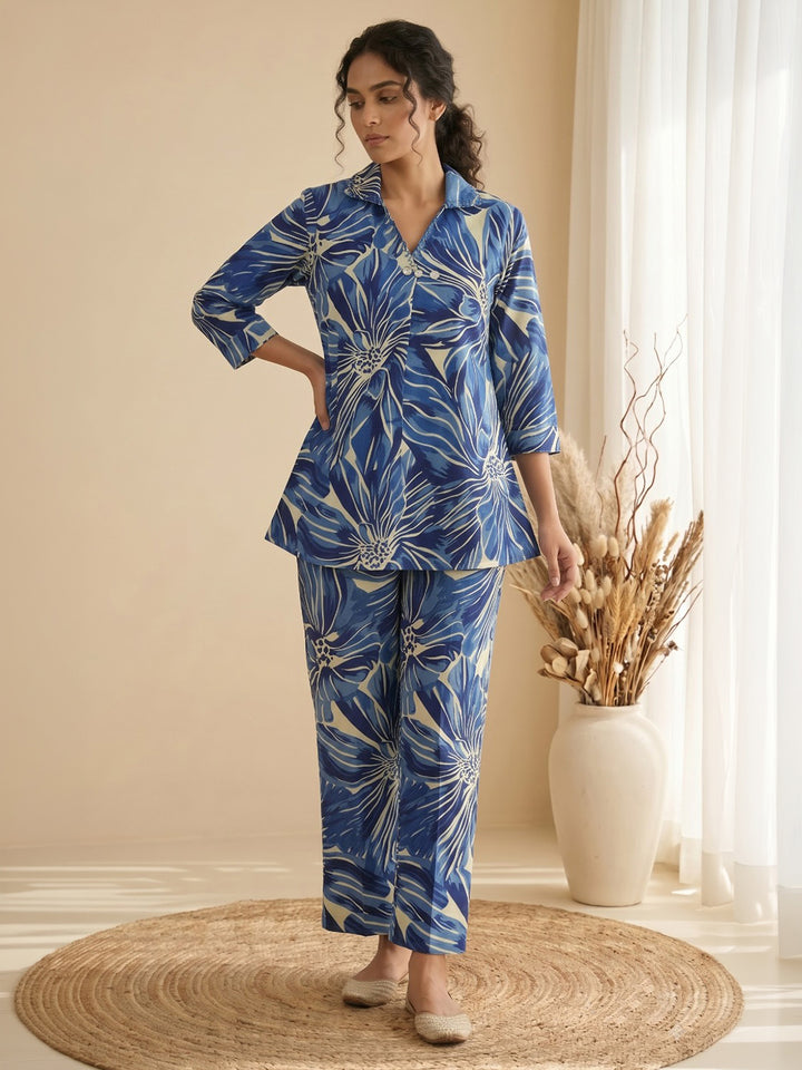 Blue Embroidered Cotton Blend Kurta Set