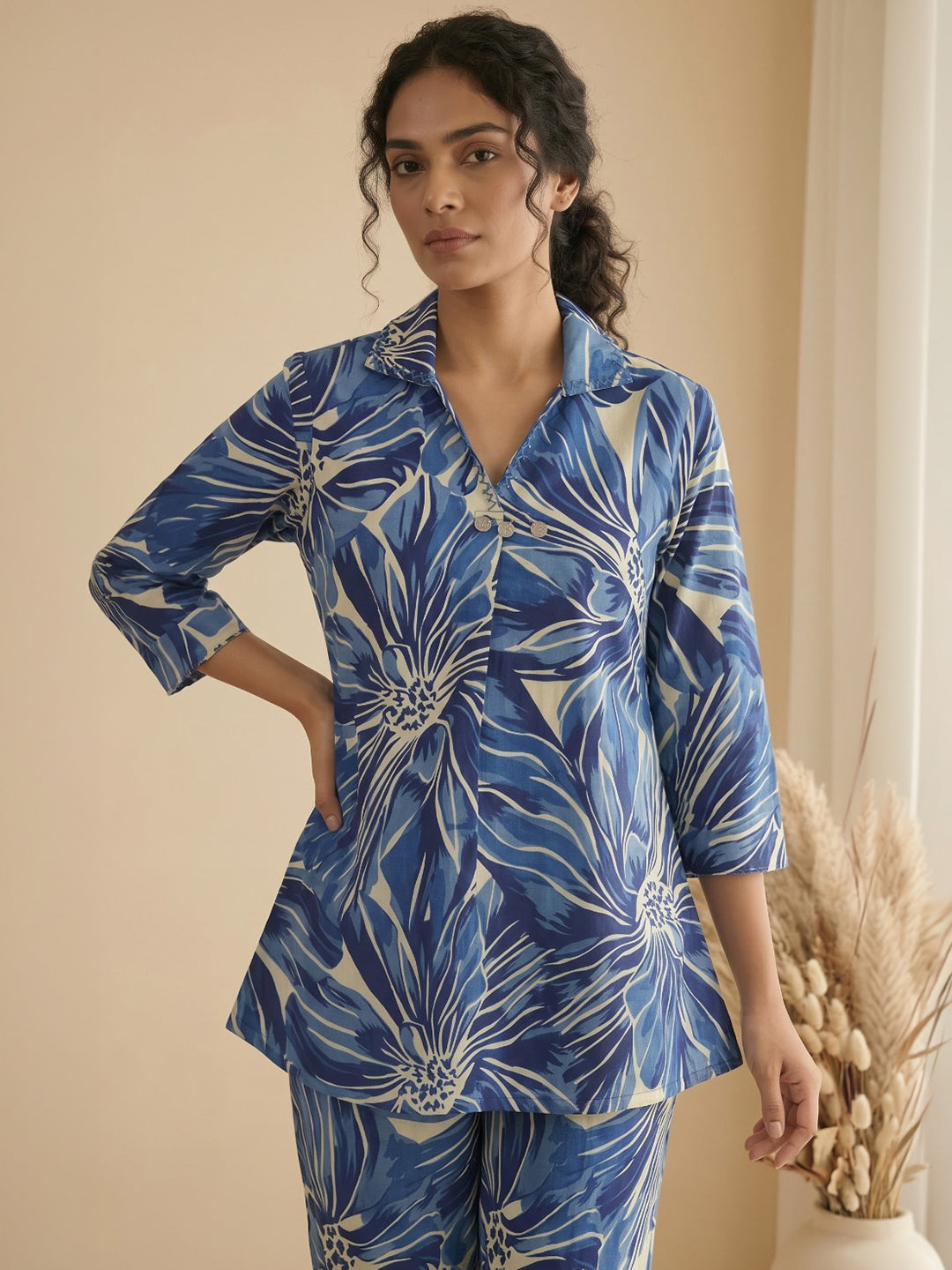 Blue Embroidered Cotton Blend Kurta Set