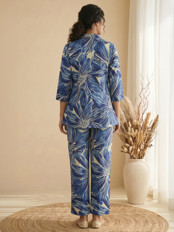 Blue Embroidered Cotton Blend Kurta Set