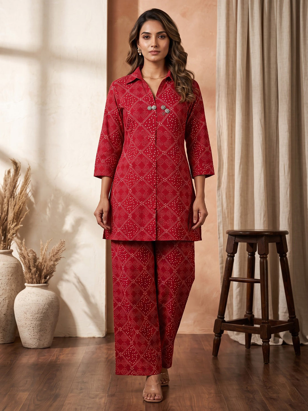 Red Embroidered Cotton Blend Kurta Set