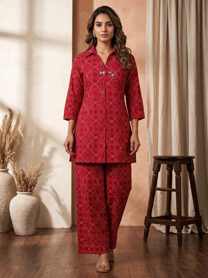 Red Embroidered Cotton Blend Kurta Set