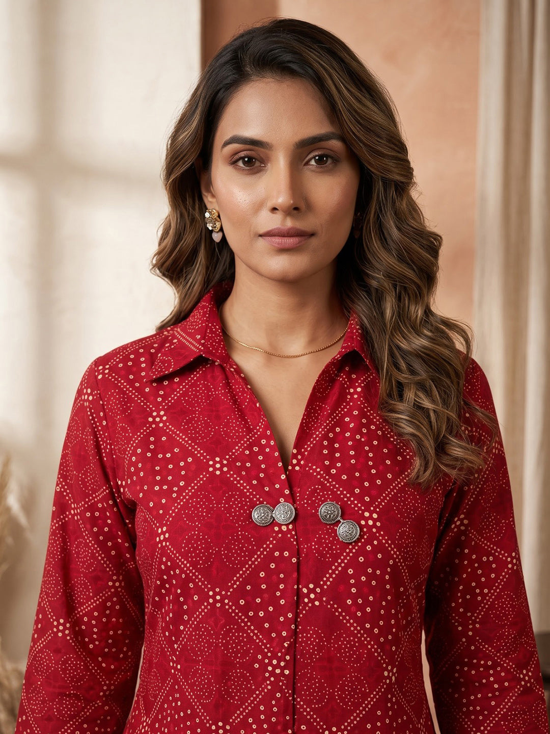 Red Embroidered Cotton Blend Kurta Set