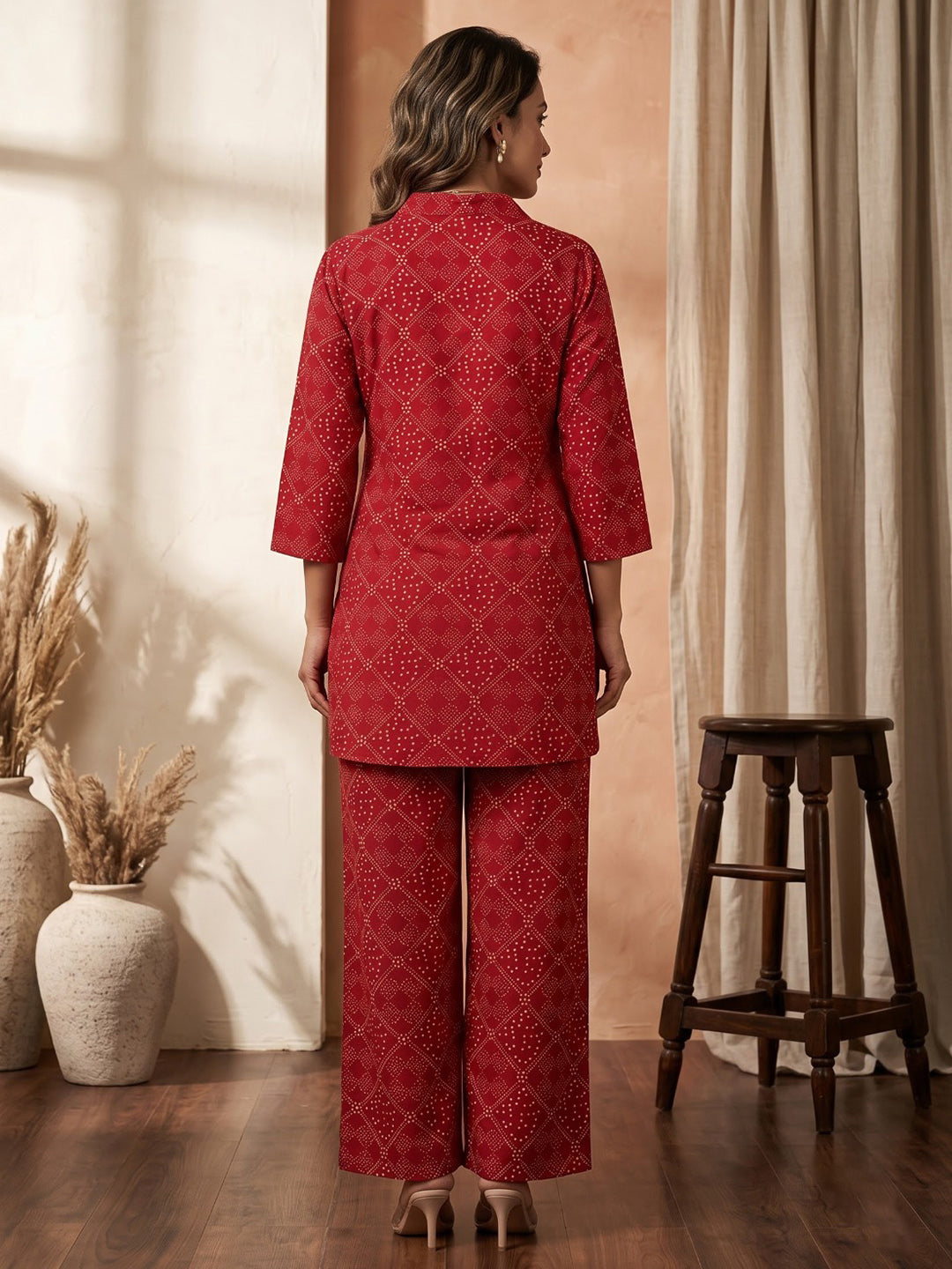 Red Embroidered Cotton Blend Kurta Set