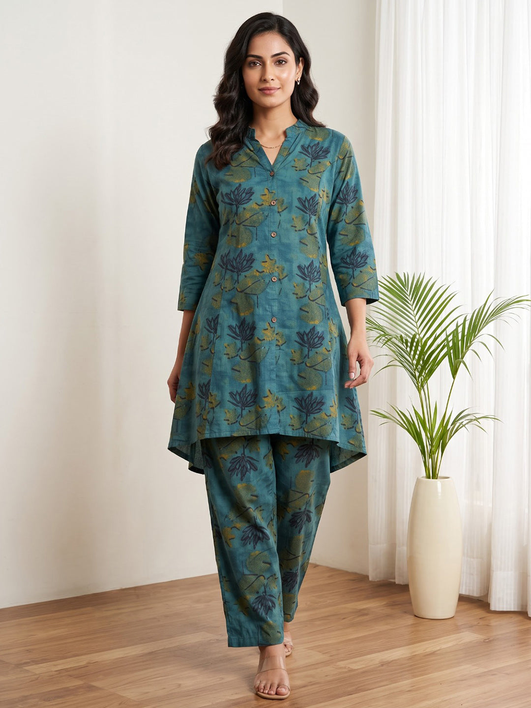 Blue Embroidered Cotton Blend Kurta Set